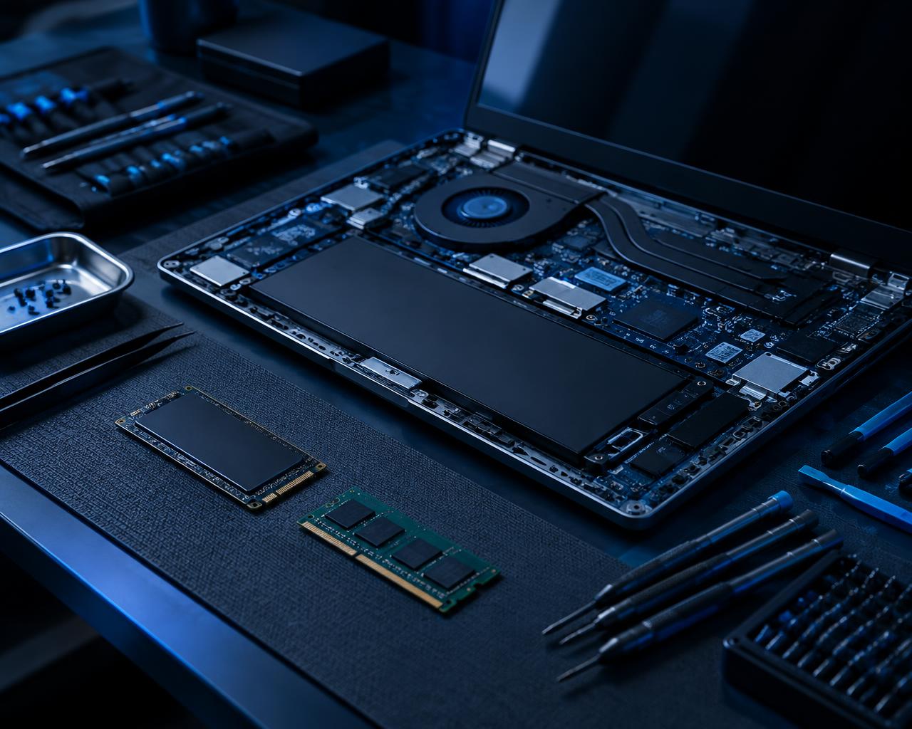 Bancada técnica com notebook aberto, SSD, memória RAM e ferramentas de precisão
